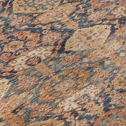 8' Terra Cotta And Blue Damask Washable Round Rug With UV Protection