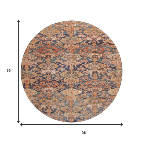 8' Terra Cotta And Blue Damask Washable Round Rug With UV Protection
