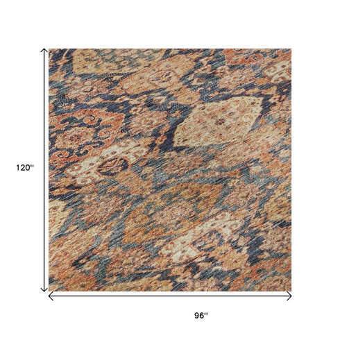 8' X 10' Terra Cotta And Blue Damask Washable Area Rug With UV Protection