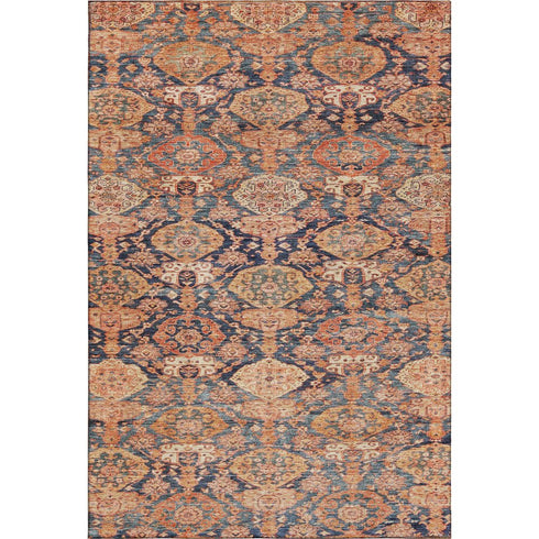 8' X 10' Terra Cotta And Blue Damask Washable Area Rug With UV Protection