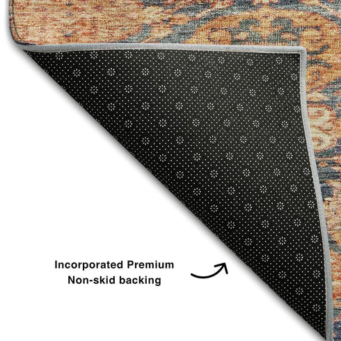 8' X 10' Terra Cotta And Blue Damask Washable Area Rug With UV Protection