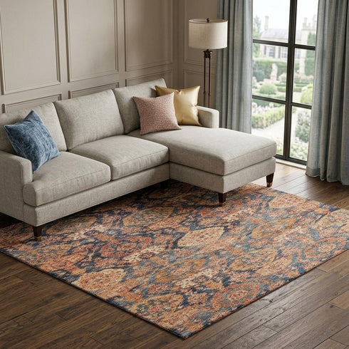 8' X 10' Terra Cotta And Blue Damask Washable Area Rug With UV Protection