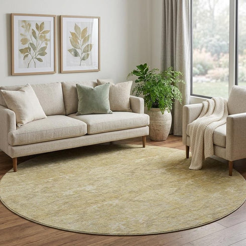8' Wheat And Beige Damask Washable Round Rug With UV Protection