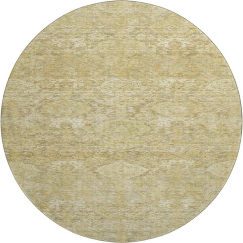 8' Wheat And Beige Damask Washable Round Rug With UV Protection