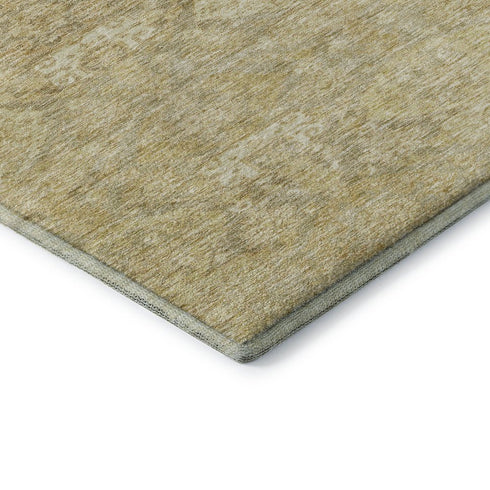 8' Wheat And Beige Damask Washable Round Rug With UV Protection