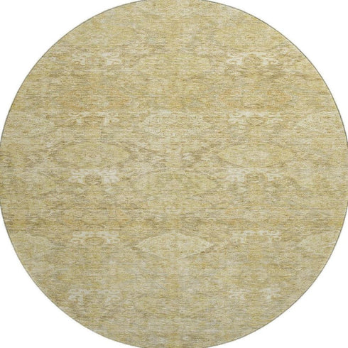 8' Wheat And Beige Damask Washable Round Rug With UV Protection