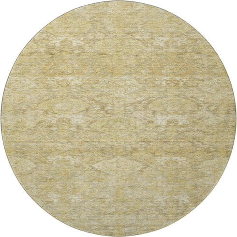 8' Wheat And Beige Damask Washable Round Rug With UV Protection