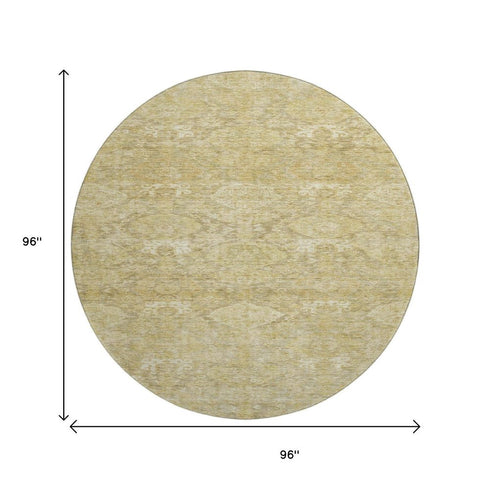 8' Wheat And Beige Damask Washable Round Rug With UV Protection