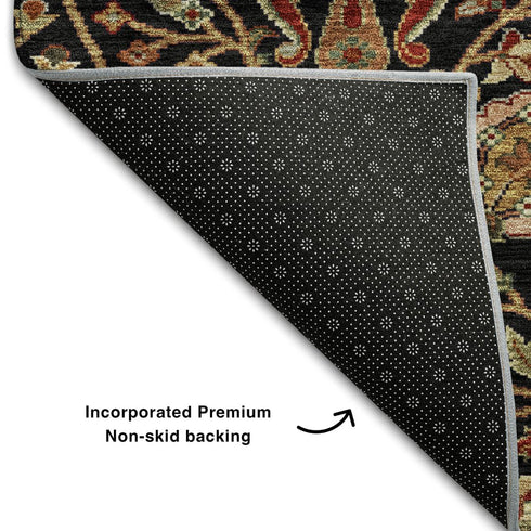 5' X 8' Black Copper And Red Floral Washable Area Rug With UV Protection