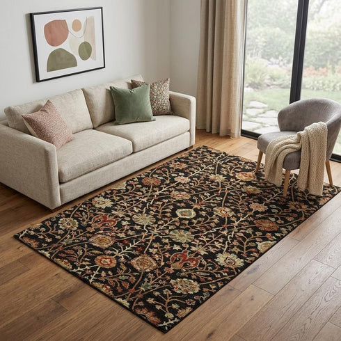 5' X 8' Black Copper And Red Floral Washable Area Rug With UV Protection