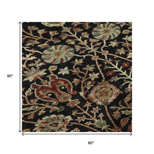 5' X 8' Black Copper And Red Floral Washable Area Rug With UV Protection