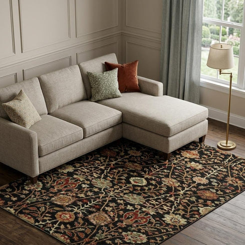 8' X 10' Black Copper And Red Floral Washable Area Rug With UV Protection