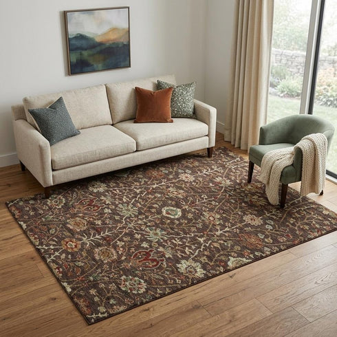 5' X 8' Chocolate Red And Copper Floral Washable Area Rug With UV Protection