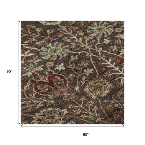 5' X 8' Chocolate Red And Copper Floral Washable Area Rug With UV Protection