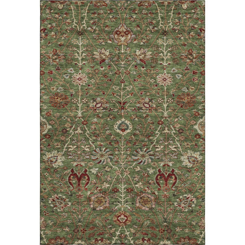 5' X 8' Fern Green Red And Ivory Floral Washable Area Rug With UV Protection