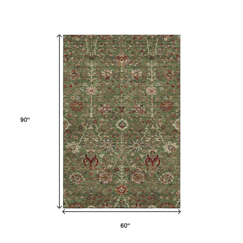 5' X 8' Fern Green Red And Ivory Floral Washable Area Rug With UV Protection