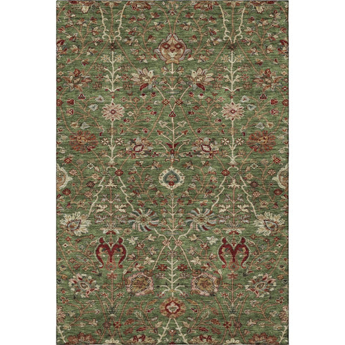 5' X 8' Fern Green Red And Ivory Floral Washable Area Rug With UV Protection