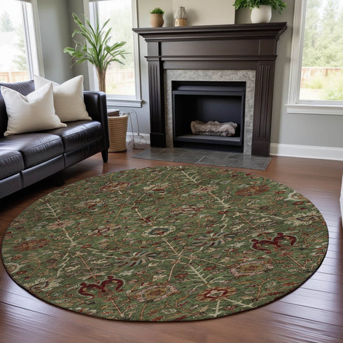 8' Fern Green Red And Ivory Floral Washable Round Rug With UV Protection