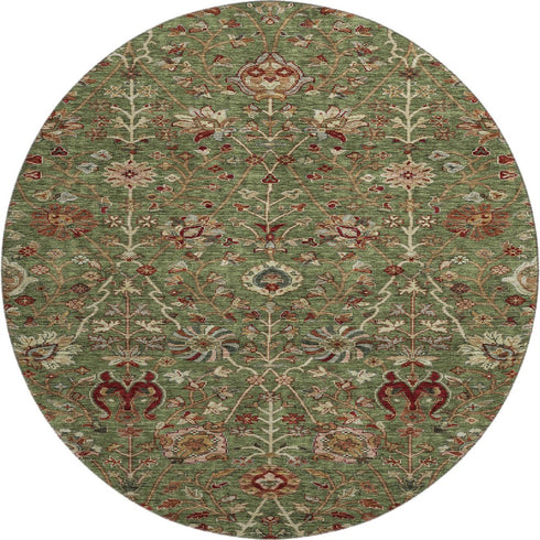 8' Fern Green Red And Ivory Floral Washable Round Rug With UV Protection