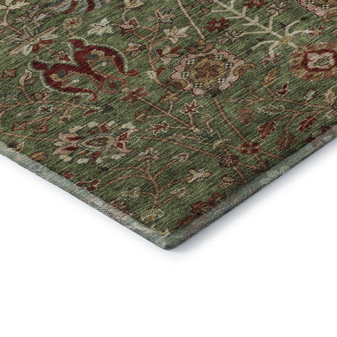 8' Fern Green Red And Ivory Floral Washable Round Rug With UV Protection