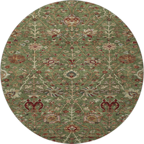8' Fern Green Red And Ivory Floral Washable Round Rug With UV Protection