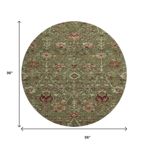 8' Fern Green Red And Ivory Floral Washable Round Rug With UV Protection