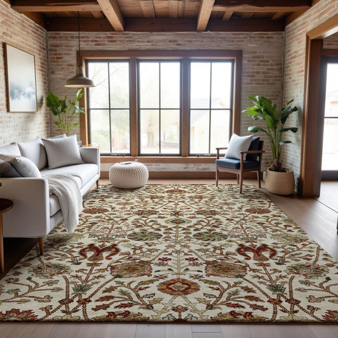 8' X 10' Ivory Red And Blue Floral Washable Area Rug With UV Protection