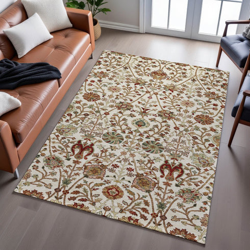 8' X 10' Ivory Red And Blue Floral Washable Area Rug With UV Protection