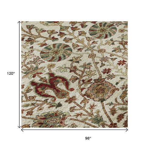 8' X 10' Ivory Red And Blue Floral Washable Area Rug With UV Protection