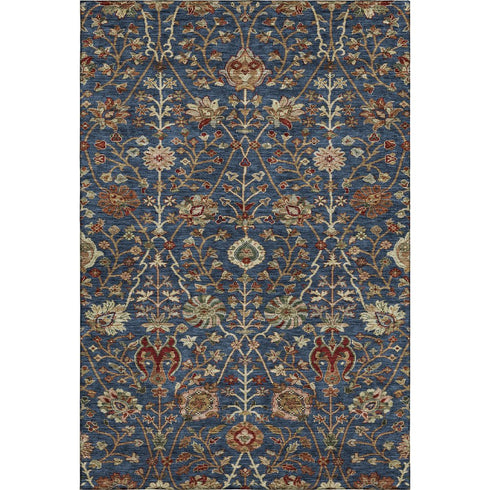 5' X 8' Navy Blue Red And Green Floral Washable Area Rug With UV Protection