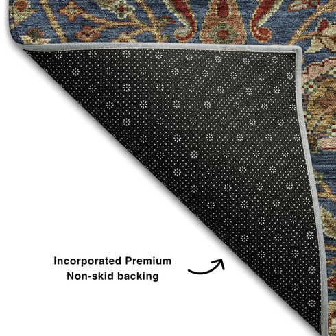5' X 8' Navy Blue Red And Green Floral Washable Area Rug With UV Protection