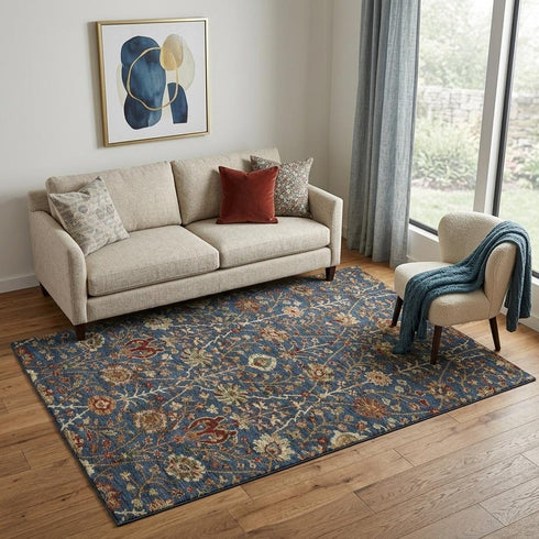 5' X 8' Navy Blue Red And Green Floral Washable Area Rug With UV Protection