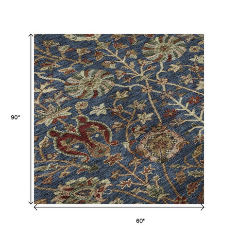 5' X 8' Navy Blue Red And Green Floral Washable Area Rug With UV Protection