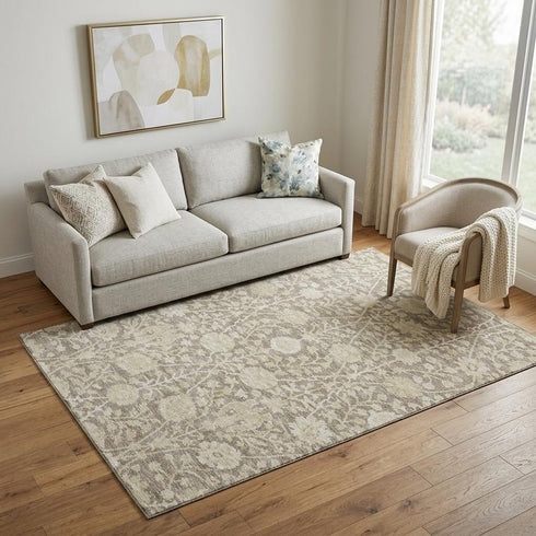 5' X 8' Coffee And Beige Floral Washable Area Rug With UV Protection