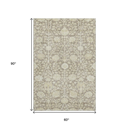5' X 8' Coffee And Beige Floral Washable Area Rug With UV Protection