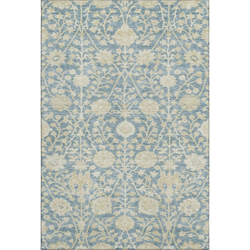 5' X 8' Sky Blue And Ivory Floral Washable Area Rug With UV Protection