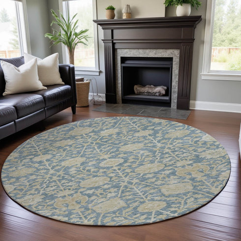 8' Sky Blue And Ivory Floral Washable Round Rug With UV Protection