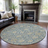8' Sky Blue And Ivory Floral Washable Round Rug With UV Protection
