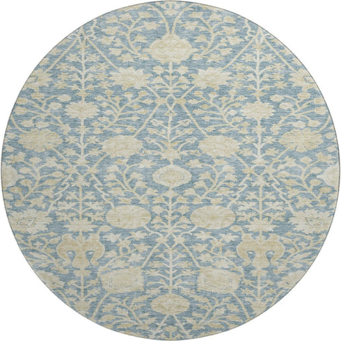 8' Sky Blue And Ivory Floral Washable Round Rug With UV Protection
