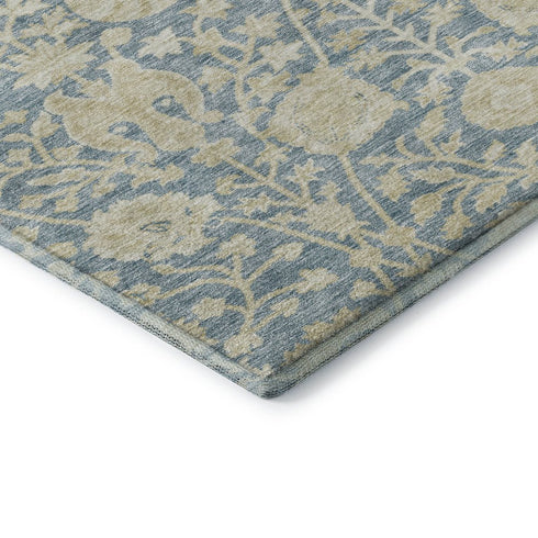 8' Sky Blue And Ivory Floral Washable Round Rug With UV Protection