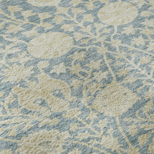 8' Sky Blue And Ivory Floral Washable Round Rug With UV Protection
