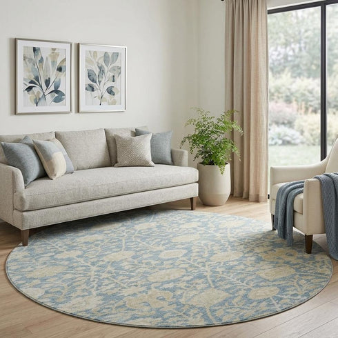 8' Sky Blue And Ivory Floral Washable Round Rug With UV Protection