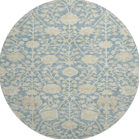 8' Sky Blue And Ivory Floral Washable Round Rug With UV Protection