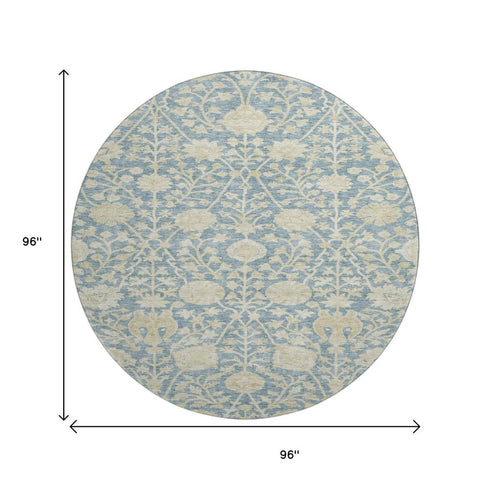 8' Sky Blue And Ivory Floral Washable Round Rug With UV Protection
