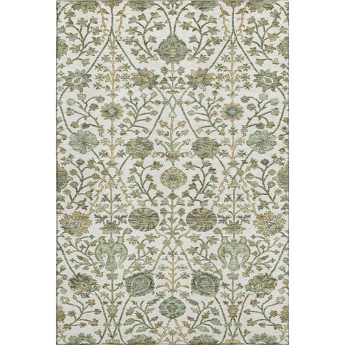 5' X 8' Ivory Fern Green And Beige Floral Washable Area Rug With UV Protection