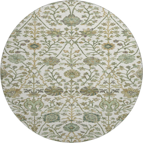 8' Ivory Fern Green And Beige Floral Washable Round Rug With UV Protection