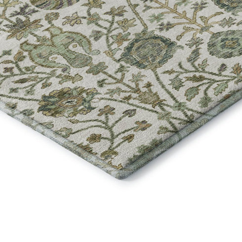 8' Ivory Fern Green And Beige Floral Washable Round Rug With UV Protection
