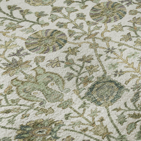 8' Ivory Fern Green And Beige Floral Washable Round Rug With UV Protection