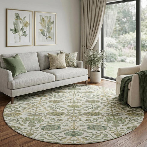 8' Ivory Fern Green And Beige Floral Washable Round Rug With UV Protection
