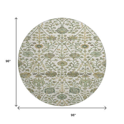 8' Ivory Fern Green And Beige Floral Washable Round Rug With UV Protection